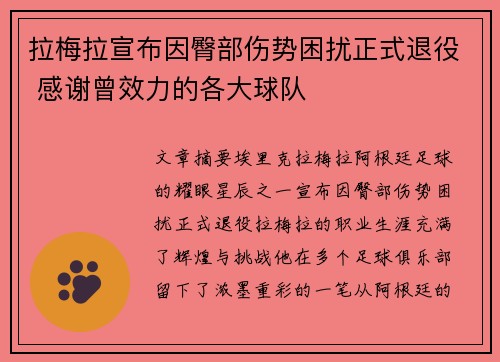 拉梅拉宣布因臀部伤势困扰正式退役 感谢曾效力的各大球队