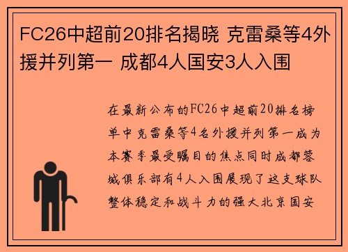 FC26中超前20排名揭晓 克雷桑等4外援并列第一 成都4人国安3人入围